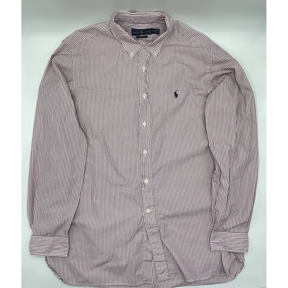 RALPH LAUREN Classic Fit‎ Size 16 1/2 Red and White Stripped, Blue Logo C550